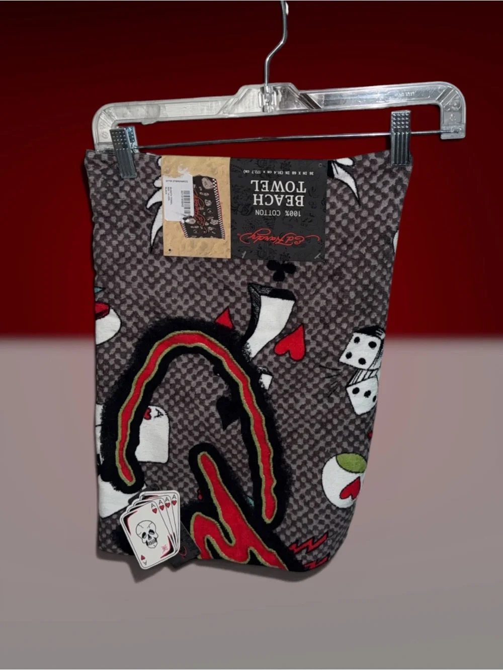 Ed Hardy Gray Beach Towel with Red, Black, White, Green Accents